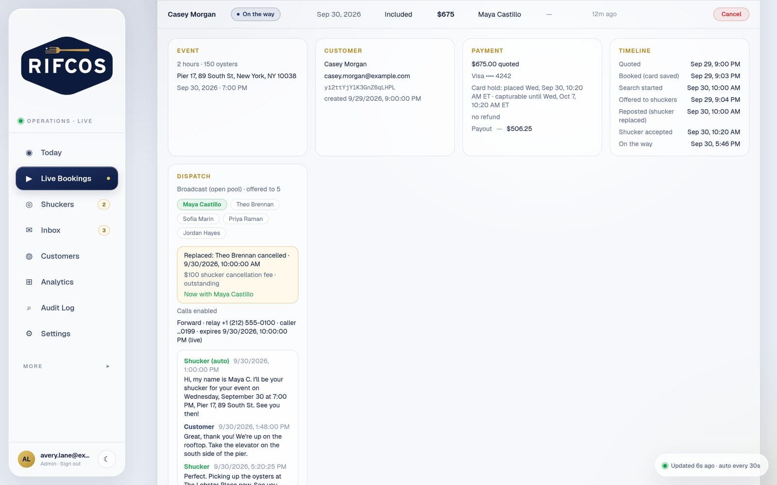 RIFCOS: Booking timeline and dispatch