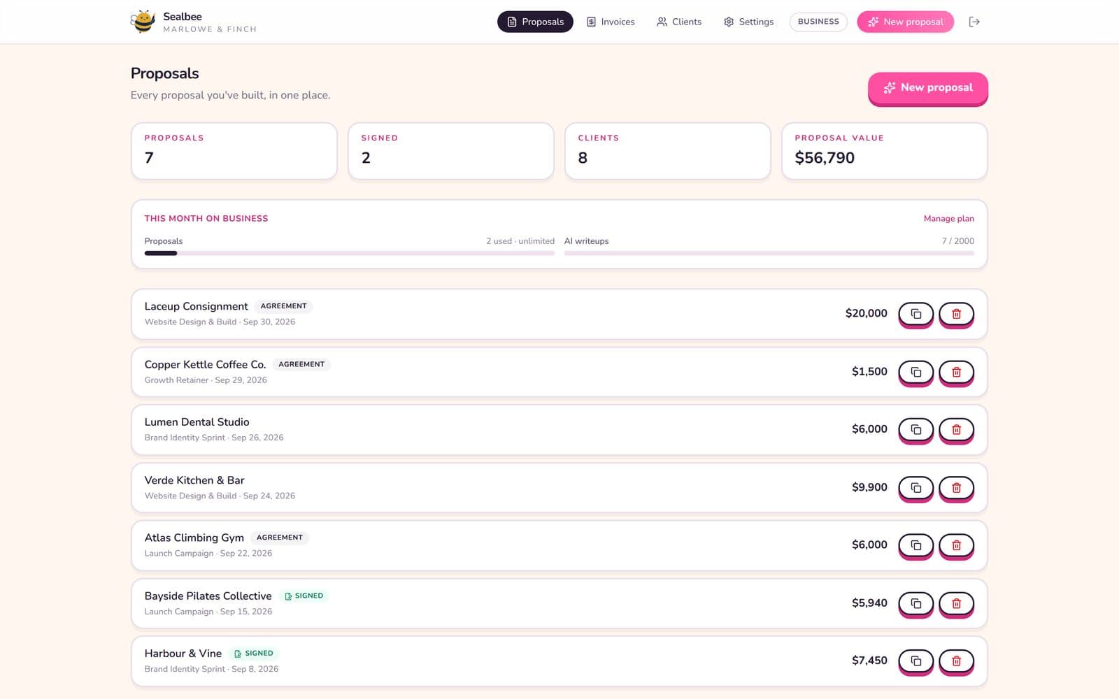 Sealbee: Proposals dashboard