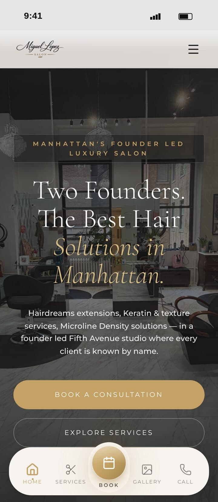 Miguel Lopez Salon website on a phone