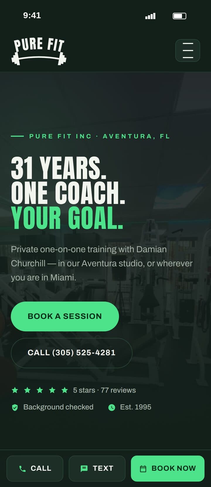 Pure Fit Miami website on a phone